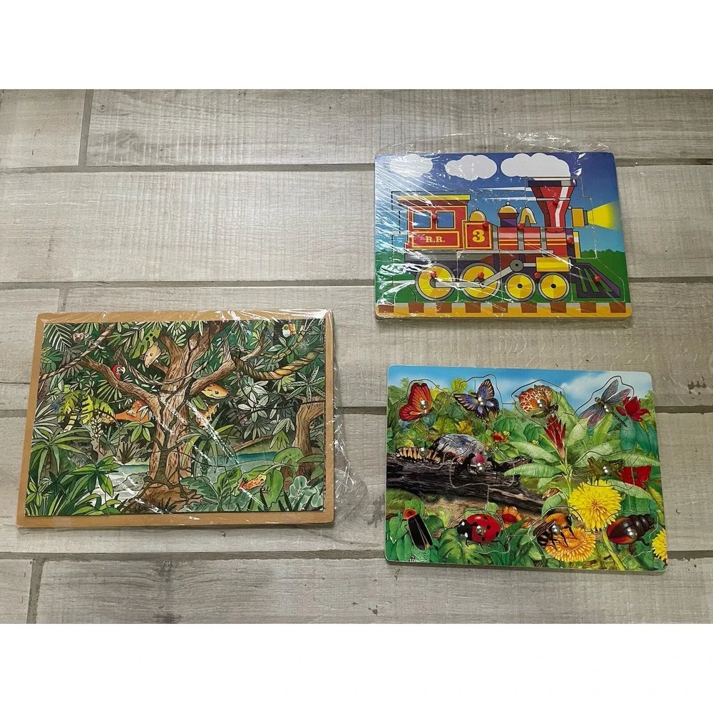 Wooden Jigsaw Puzzle‎ Rain Forest Nature Train Colorful Playskool Homeschool 14